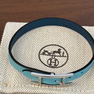 Hermes Blue Leather Bracelet with Silver Accents